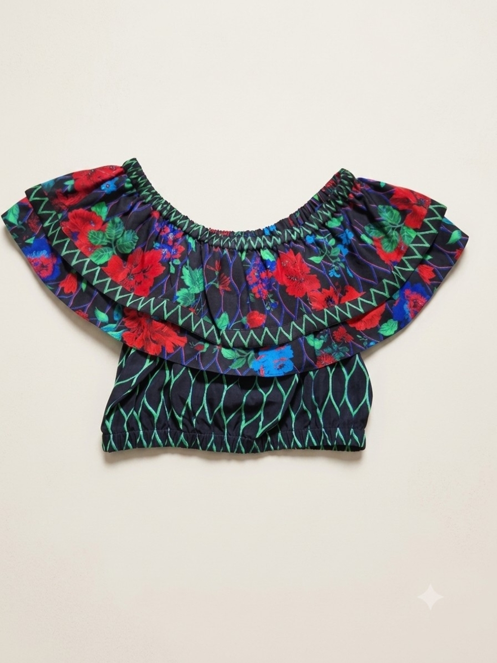 Kenzo Black Off-Shoulder Floral Ruffle Crop Top with Red and Green Accents 6